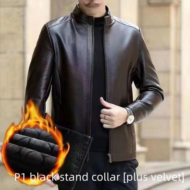 Leather Jacket For Middle-aged Men Leather Clothing With Stand Collar Men Fleece-lined Q2