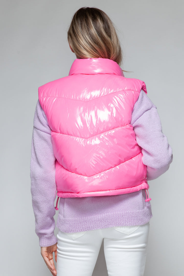 Snobbish Zip Up Turtleneck Shiny Quilted Vest Trendsi