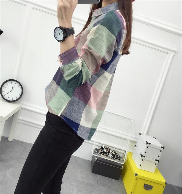 Casual Plaid Women Blouses Vintage Linen Cotton Long Female Shirts Tops - Super Amazing Store