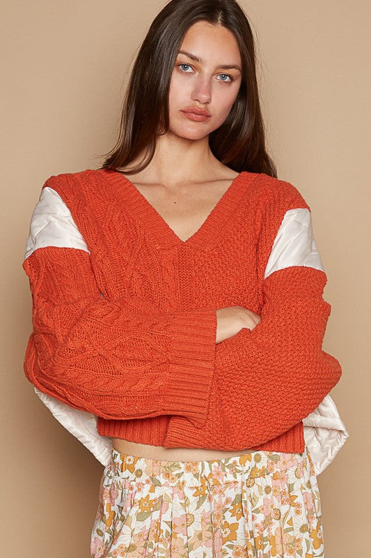 POL Cable Knit Quilting Patch V-Neck Contrast Sweater Trendsi