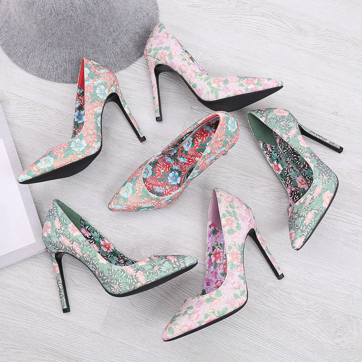 Floral Design Pointed High Heels