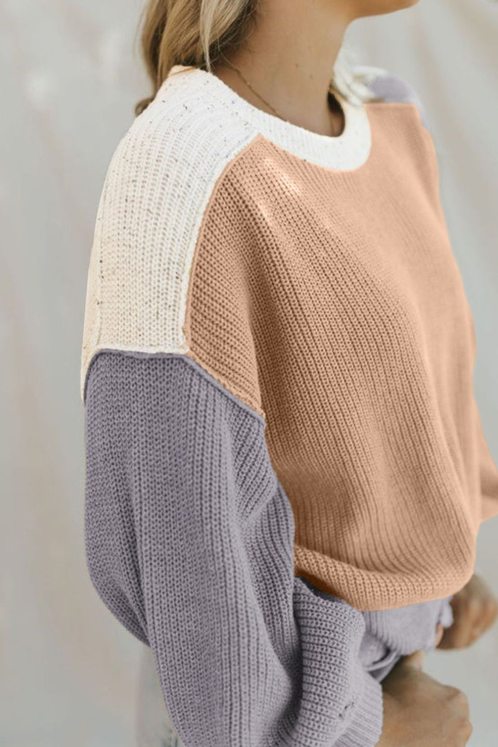 Color Block Round Neck Drop Shoulder Sweater Trendsi