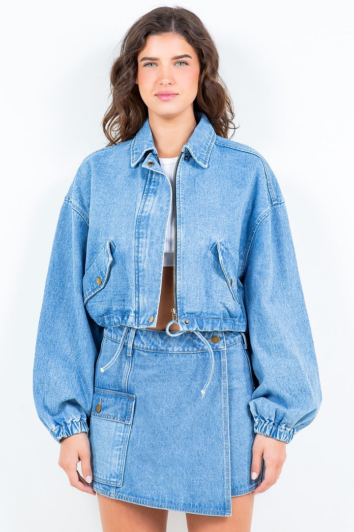 American Bazi Drawstring Waist Crop Denim Jacket Trendsi