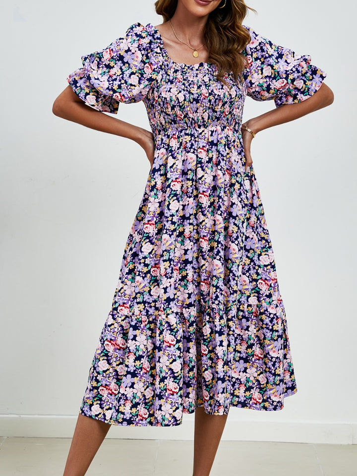 Smocked Floral Square Neck Short Sleeve Dress Trendsi