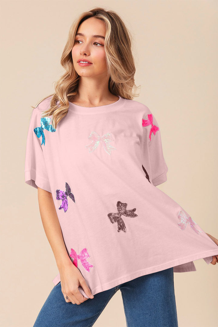 BiBi Sequin Bow Patch Short Sleeve T-Shirt Trendsi