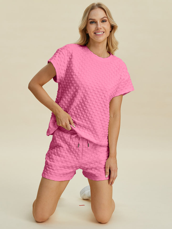 Double Take Full Size Texture T-Shirt and Shorts Set Trendsi