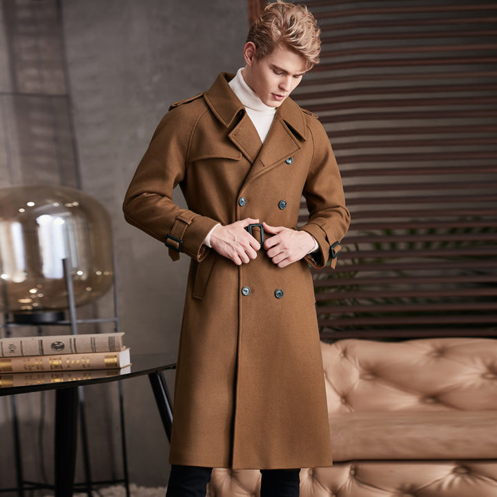 Men's Double Breasted Knee Length Woolen Coat Q2