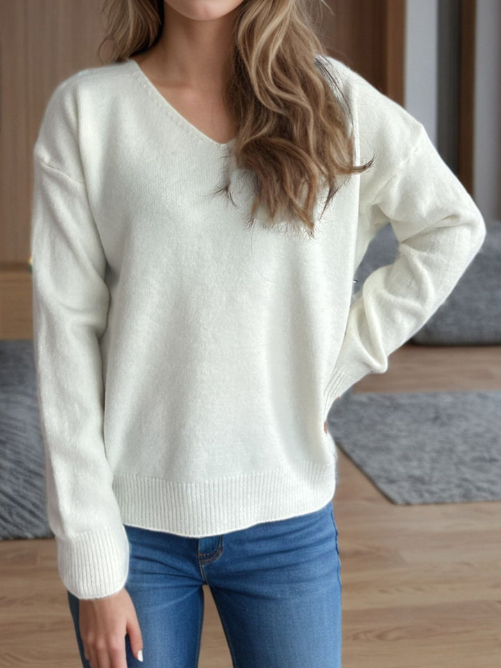 V-Neck Dropped Shoulder Long Sleeve Sweater Trendsi