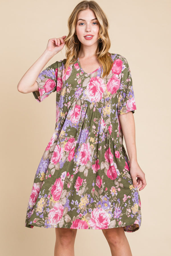 BOMBOM Flower Print V-Neck Ruched Dress Trendsi