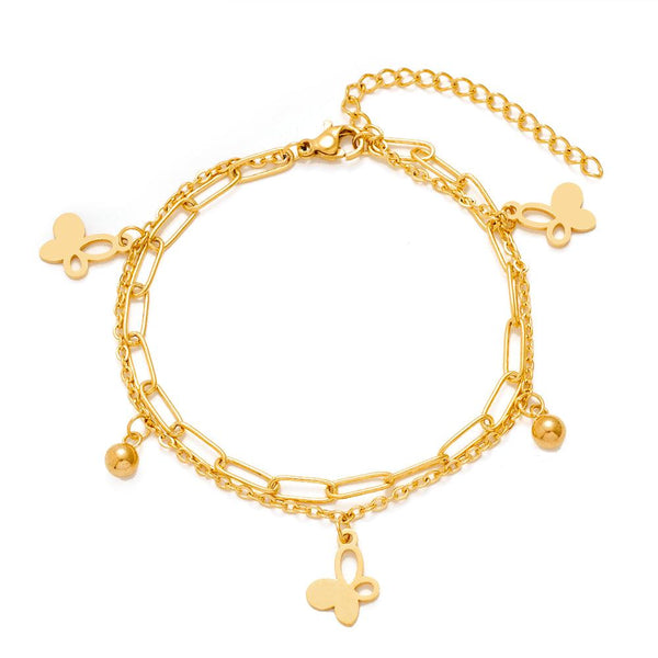 Double Layer Gold Stainless Steel Chain Bracelet Butterfly Heart Dog Paw Tree Of Life Charm Bracelets For Women - Super Amazing Store