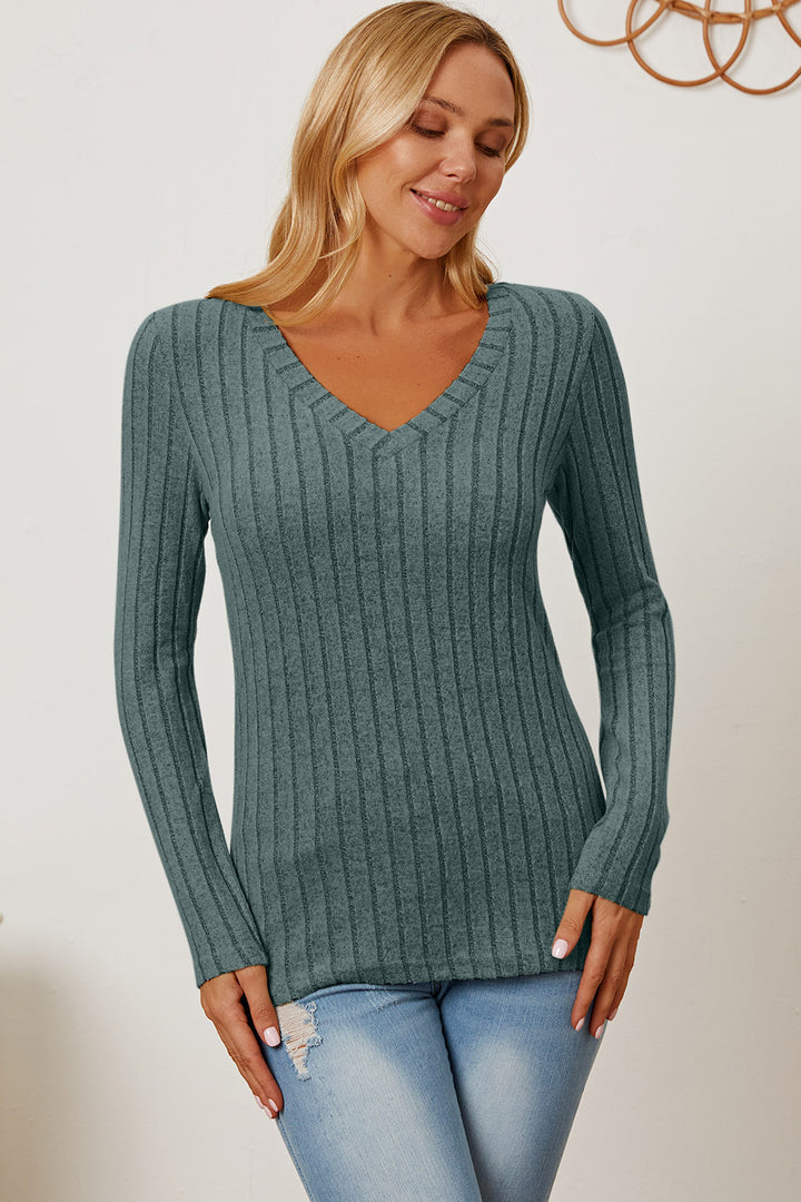 Basic Bae Full Size Ribbed V-Neck Long Sleeve T-Shirt Trendsi