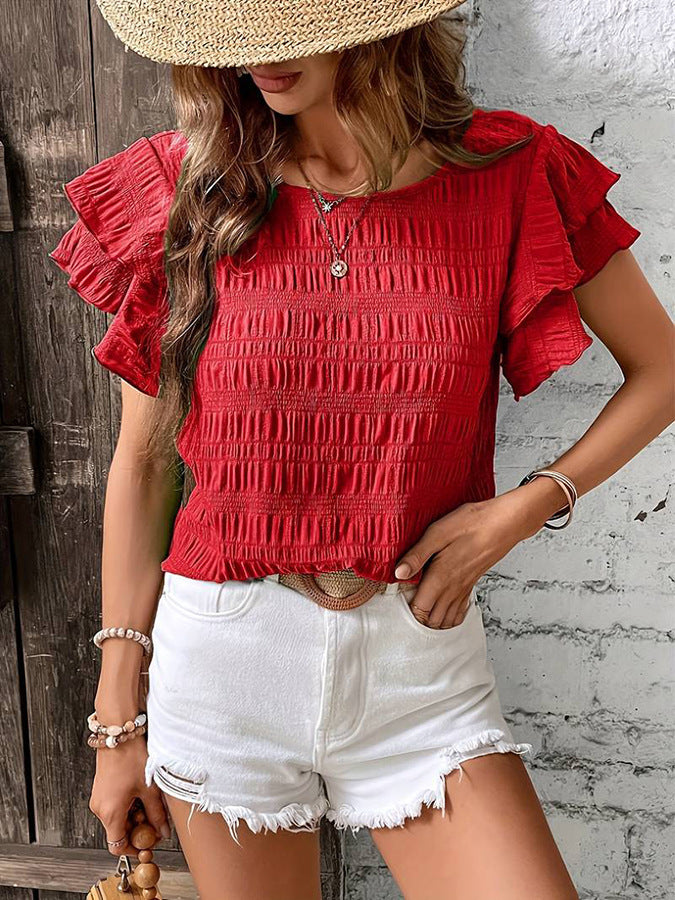 Summer Ruffled Short-sleeved T-shirt Casual Round Neck Pleated Design Top-Super Amazing Store