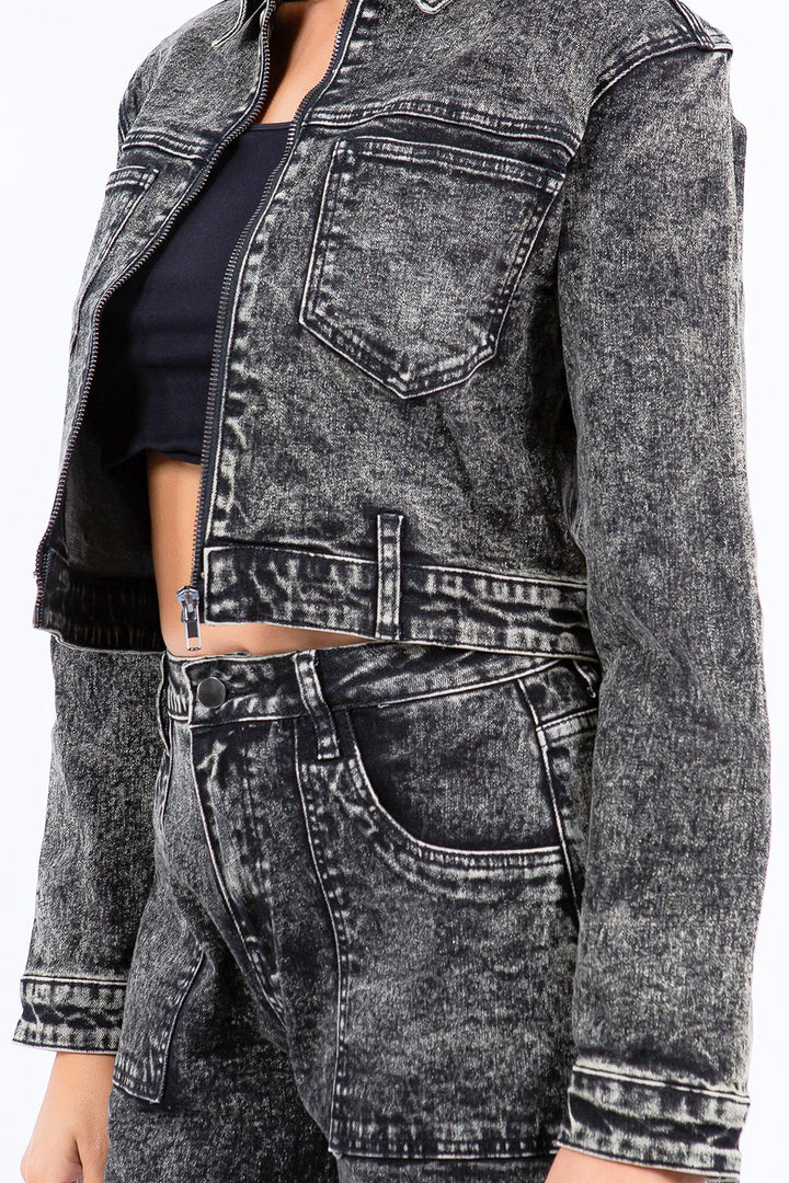 American Bazi Overdyed Bleached Zip Up Cropped Jacket Trendsi