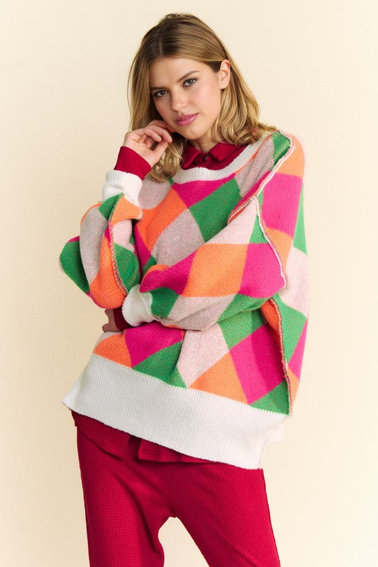 Davi & Dani Exposed Seam Color Block Dropped Shoulder Sweater Trendsi