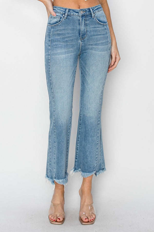 RISEN Full Size High Rise Frayed Hem Flare Jeans Trendsi