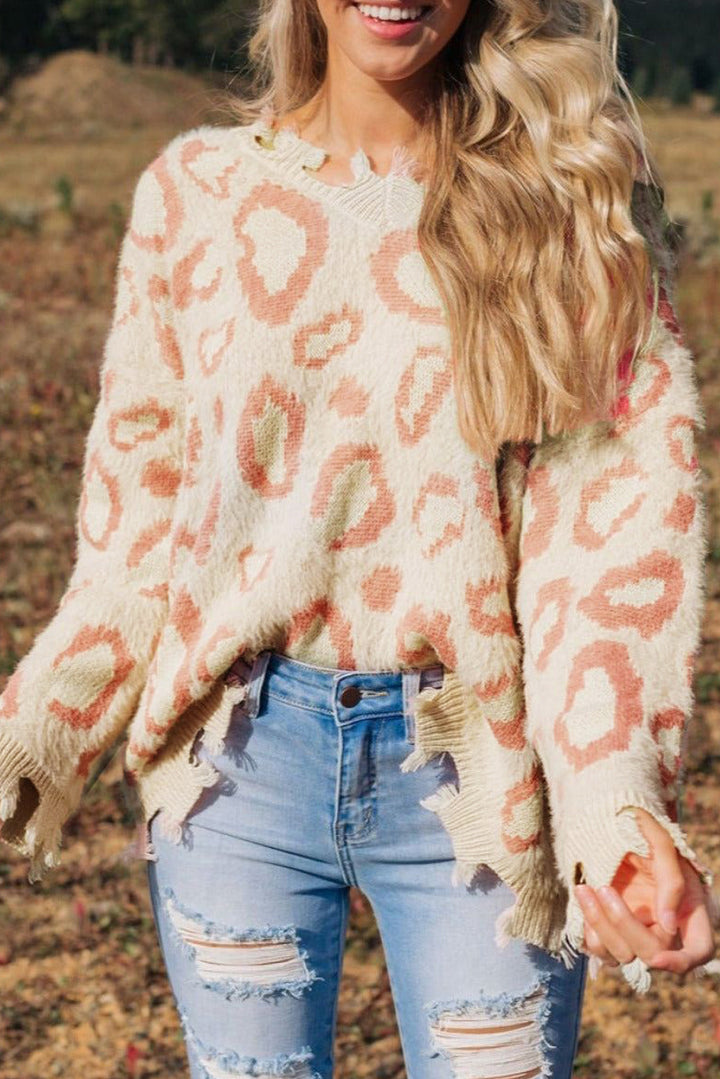 Distressed Trim Leopard V-Neck Sweater Trendsi