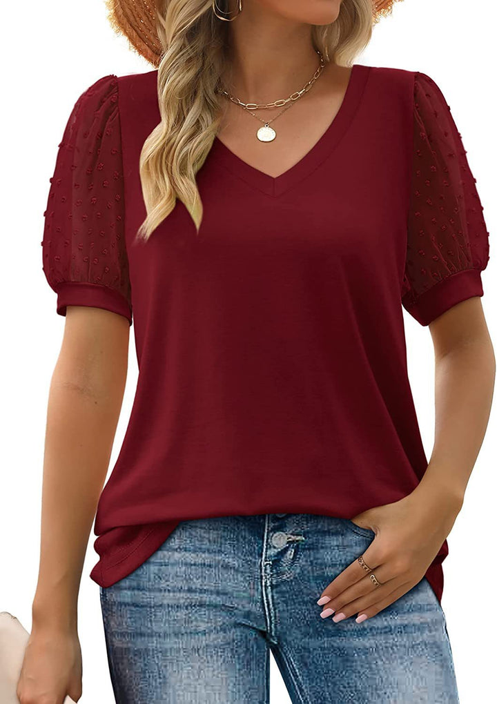 Womens Summer Tops V Neck T Shirts Dot Puff Sleeve Tops Loose Casual Tshirts-Super Amazing Store