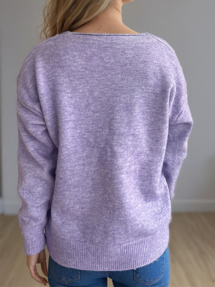 V-Neck Dropped Shoulder Long Sleeve Sweater Trendsi