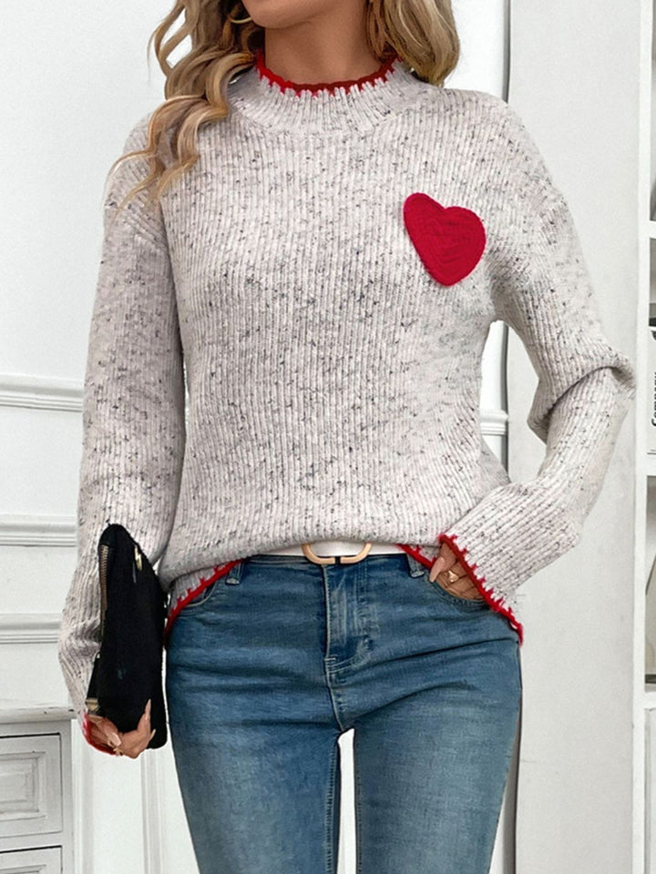 Perfee Contrast Heart Round Neck Long Sleeve Sweater Trendsi