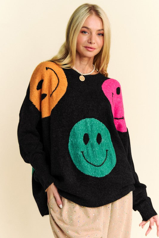 Davi & Dani Contrast Smile Round Neck Oversize Sweater Trendsi