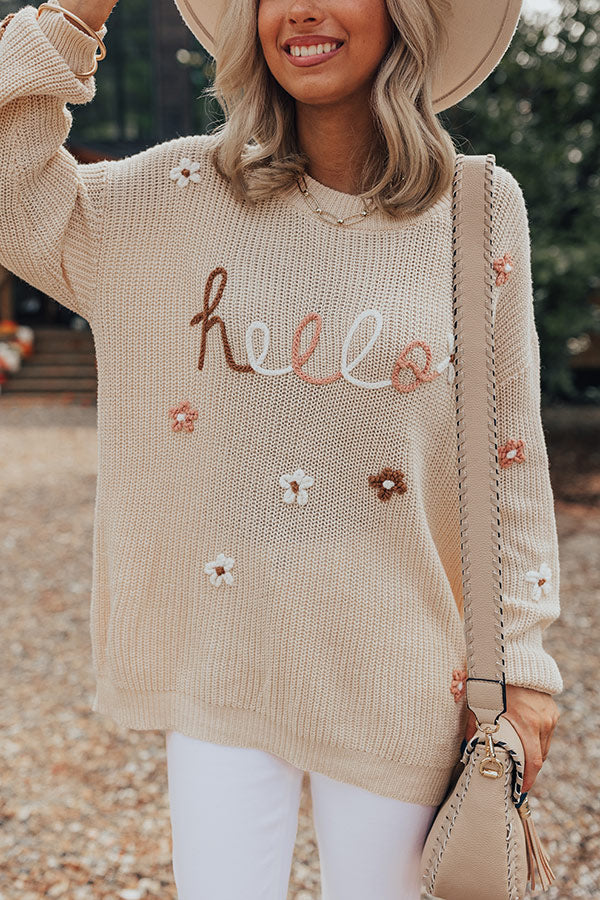 HELLO Flower Round Neck Long Sleeve Sweater Trendsi