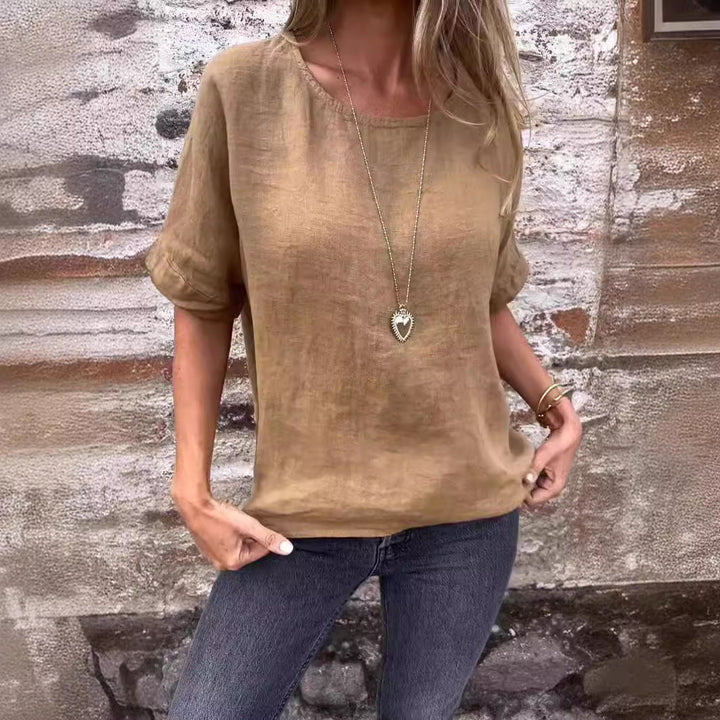 Women's Round Neck Long Sleeve Cotton And Linen Loose-fitting T-shirt Top Q2