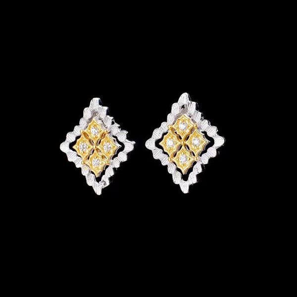 Italian Craft Diamond Stud Earrings Gold Plated Two Tone - Super Amazing Store