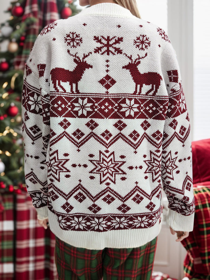 Snowflake Contrast Round Neck Long Sleeve Sweater Trendsi