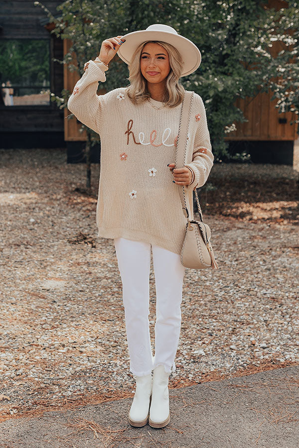 HELLO Flower Round Neck Long Sleeve Sweater Trendsi