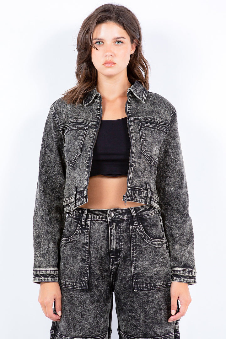 American Bazi Overdyed Bleached Zip Up Cropped Jacket Trendsi