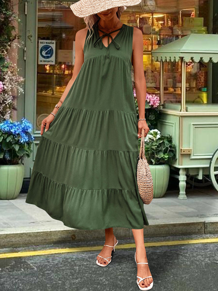 Tiered Tie Neck  Midi Dress Trendsi