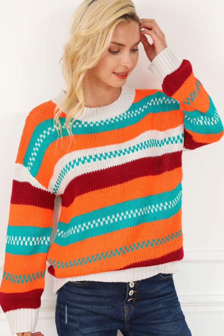 Contrast Striped Round Neck Long Sleeve Sweater Trendsi