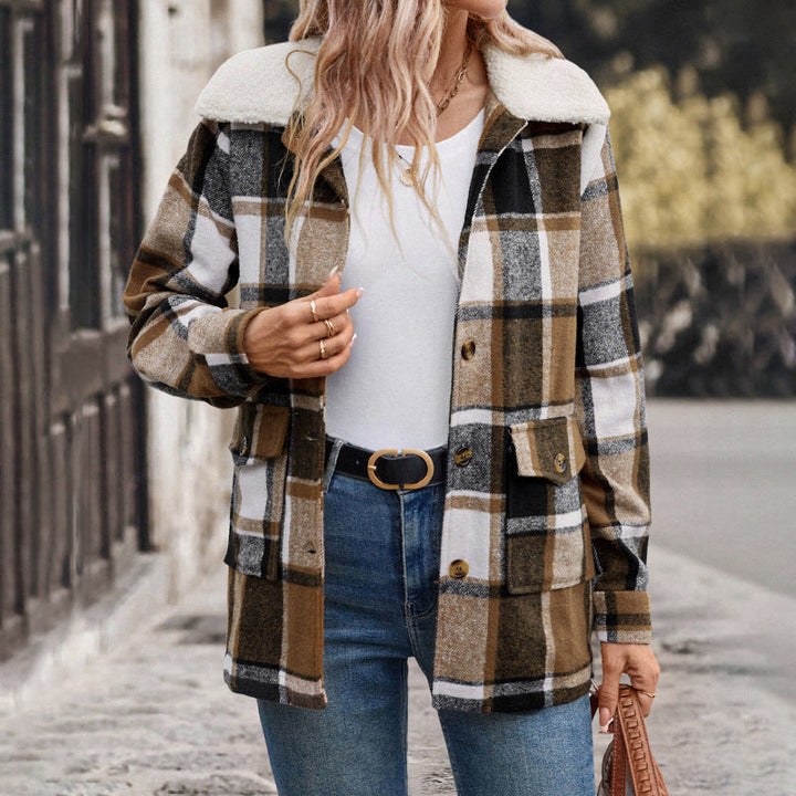 All Match Retro Style Brushed Lapel Plaid Coat For Women Super Amazing Store