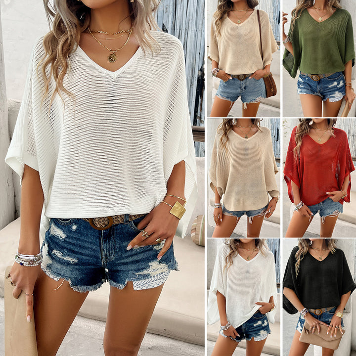 V-neck Bat Sleeve Short-sleeved T-shirt Top Summer Casual Loose Hollow Sweater Fashion-Super Amazing Store