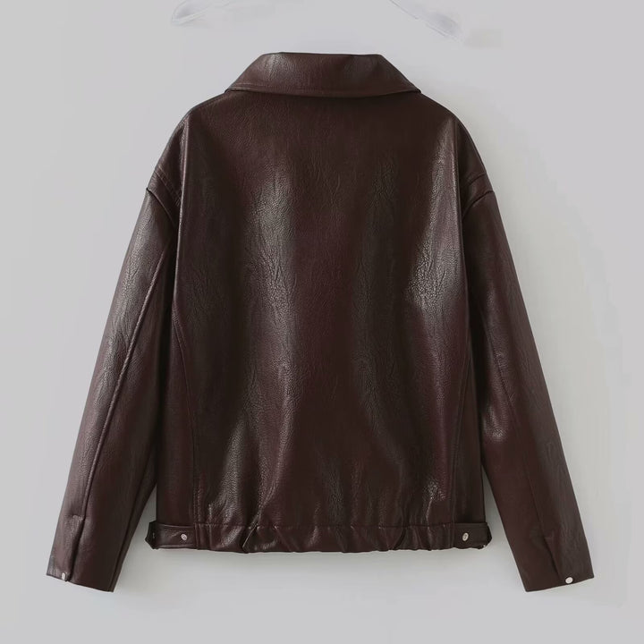 Solid Color Lapel Zipper Jacket Fashion Casual Long Sleeve Leather Coat Tops Q2