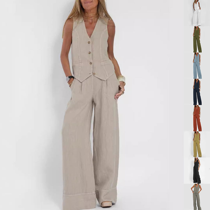 Summer Vest Suits V-neck Botton Sleeveless Top And Loose Straight Trousers Casual Womens Clothing Q2