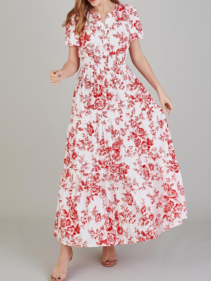 Tiered Floral Notched Short Sleeve Dress Trendsi