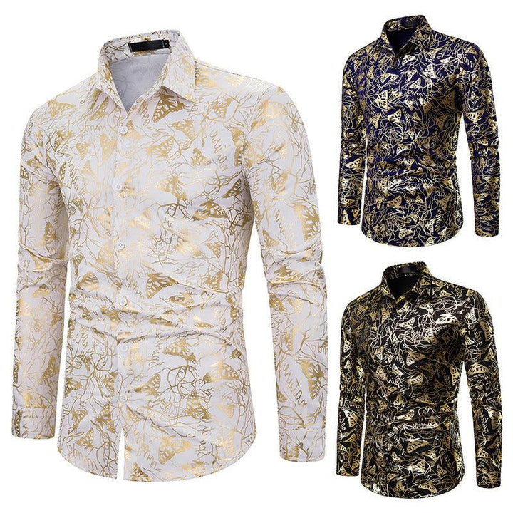 Men's lapel butterfly bronzing print long sleeve shirt men - Super Amazing Store