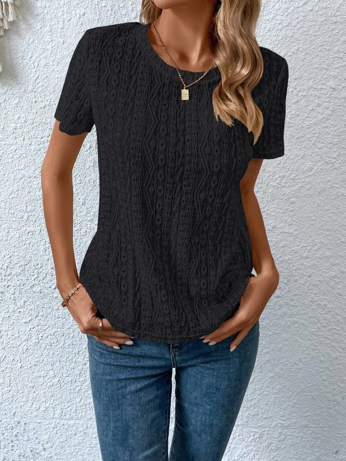 Hollowed Leisure Solid Color Round Neck T-shirt-Super Amazing Store