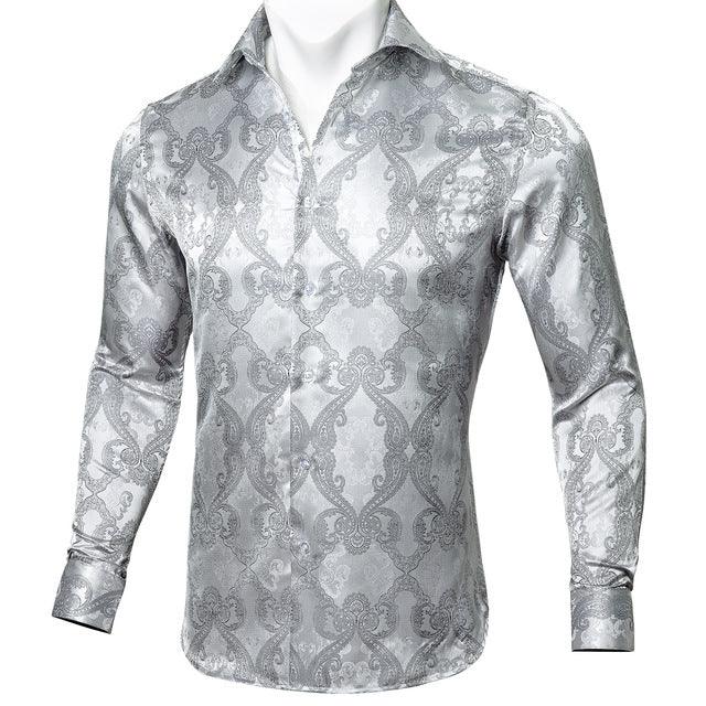 Barry.Wang Teal Paisley Floral Silk Shirts Men Autumn Long Sleeve Casual Flower Shirts For Men Designer Fit Dress Shirt BCY-05 - Super Amazing Store