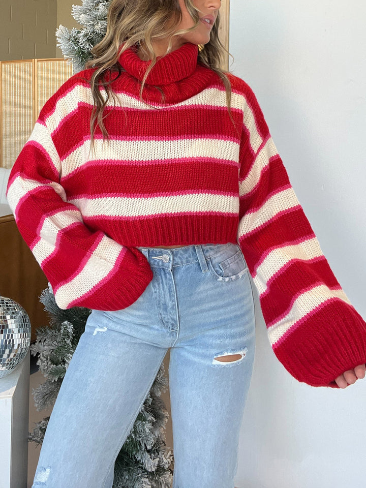 Striped Turtleneck Long Sleeve Cropped Sweater Trendsi