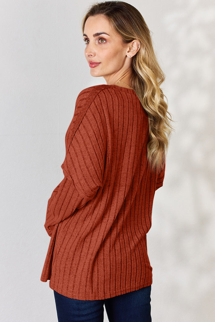 Basic Bae Full Size Ribbed Half Button Long Sleeve T-Shirt Trendsi