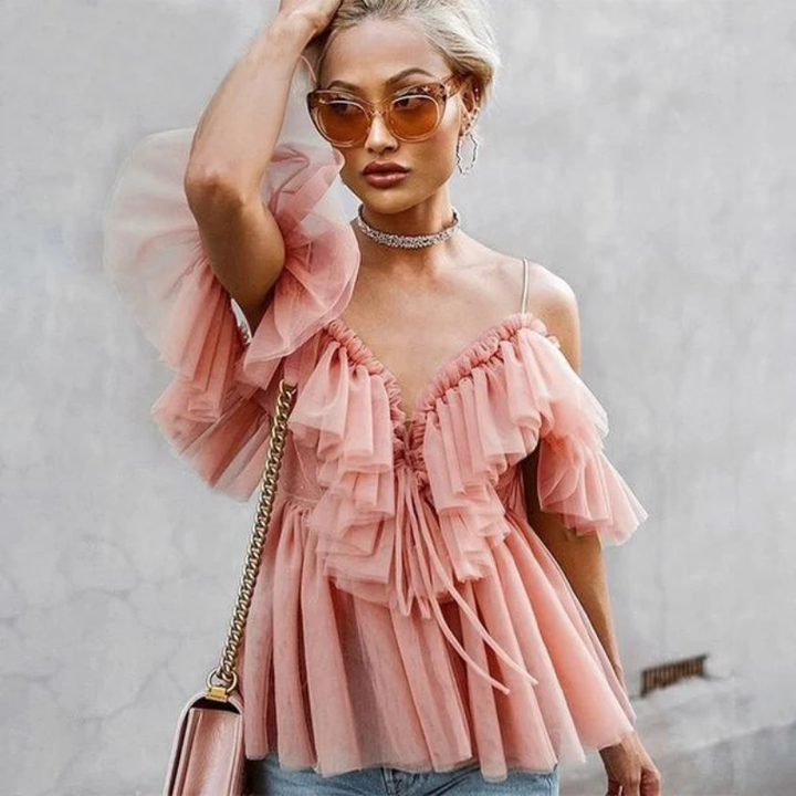 Strap ruffles Mesh Blouse Women Shirt V neck Off Shoulder Summer Blouse Tops Streetwear - Super Amazing Store