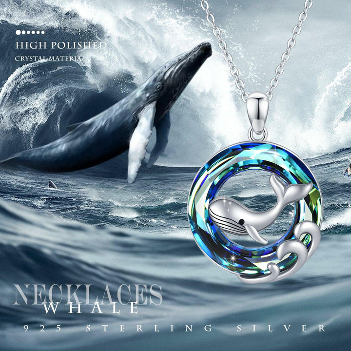 Whale Necklace for Women925 Sterling Silver Round Circle Crystal Cute Animal Whale Wave Pendant Necklaces Ocean Jewelry Gift for Women Girl - Super Amazing Store