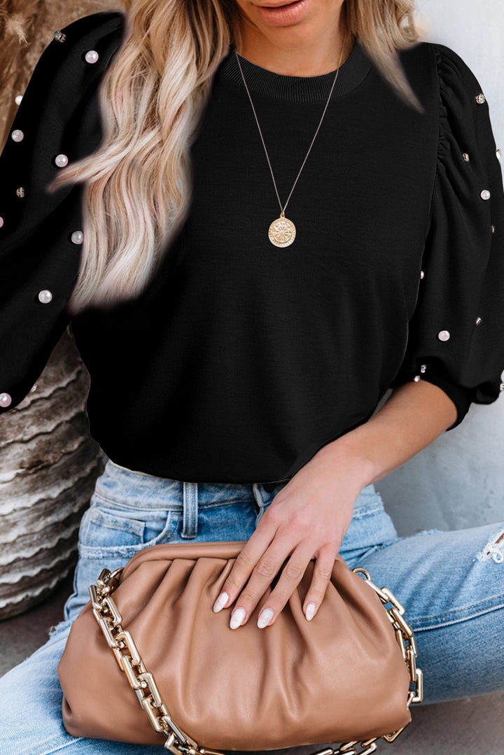 Pearl Detail Round Neck Half Sleeve Blouse Trendsi