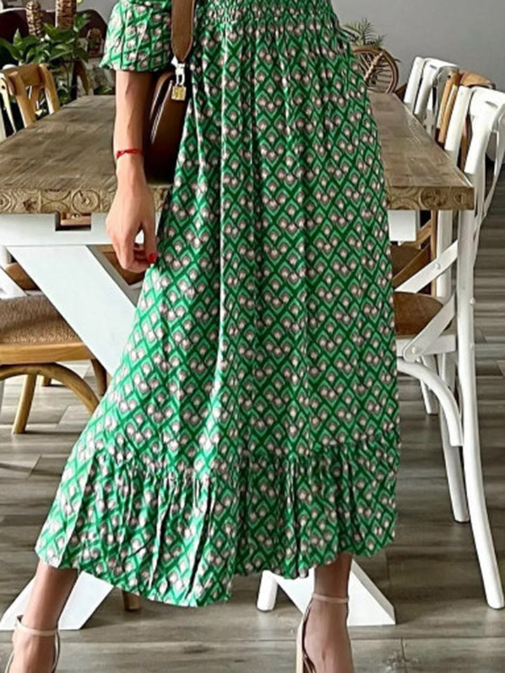 Smocked Printed V-Neck Midi Dress Trendsi