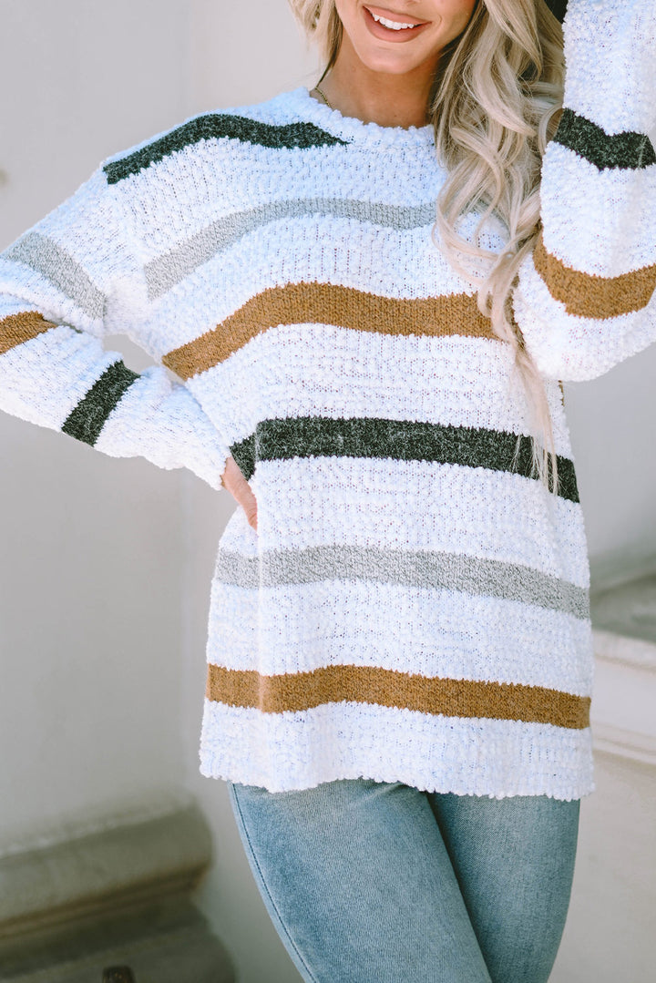 Striped Round Neck Dropped Shoulder Sweater Trendsi