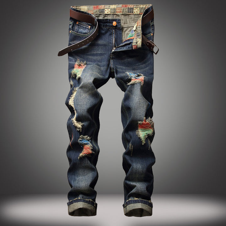 European and American street personality paint jeans men's hole straight jeans Q2