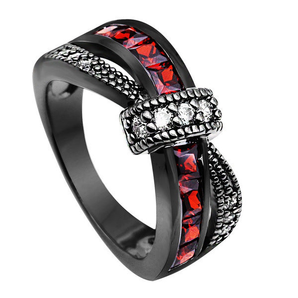 New Black Gold Garnet Red Cross Zircon Ring Q2