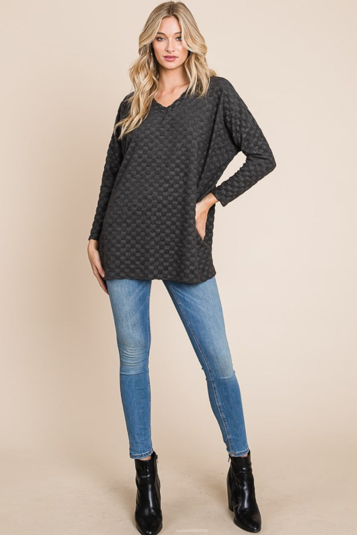 BOMBOM Checkered Long Sleeve V-Neck T-Shirt Trendsi